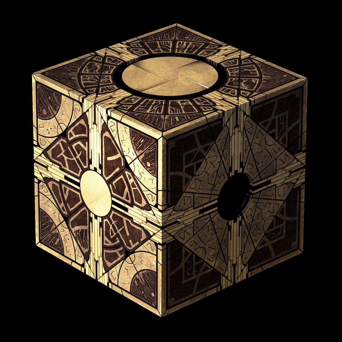 Concept art per il design della configurazione Lament della scatola puzzle in Hellraiser (2022), un cubo marrone scuro con un disegno complesso inciso in oro.