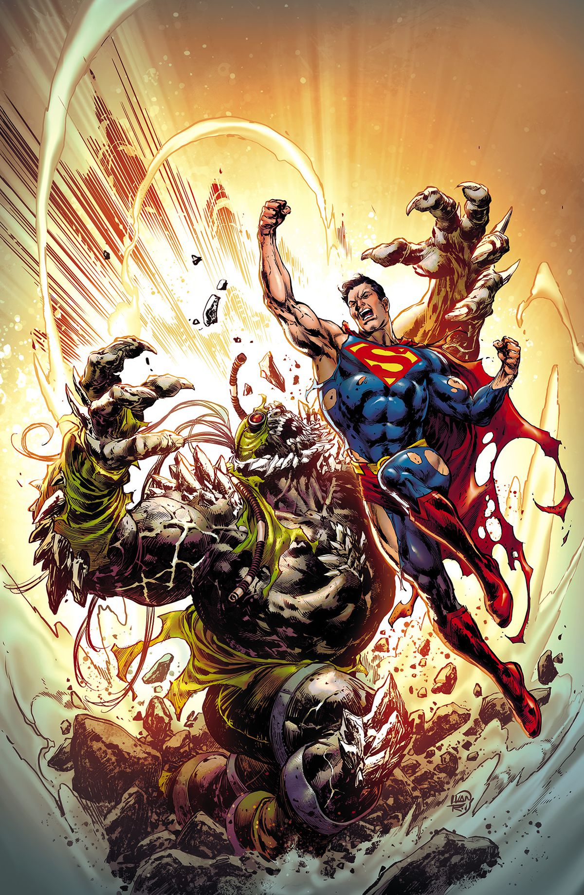 Un Superman stracciato colpisce Doomsday con un montante su una variante di copertina per The Death of Superman 30th Anniversary Deluxe Edition (2022). 