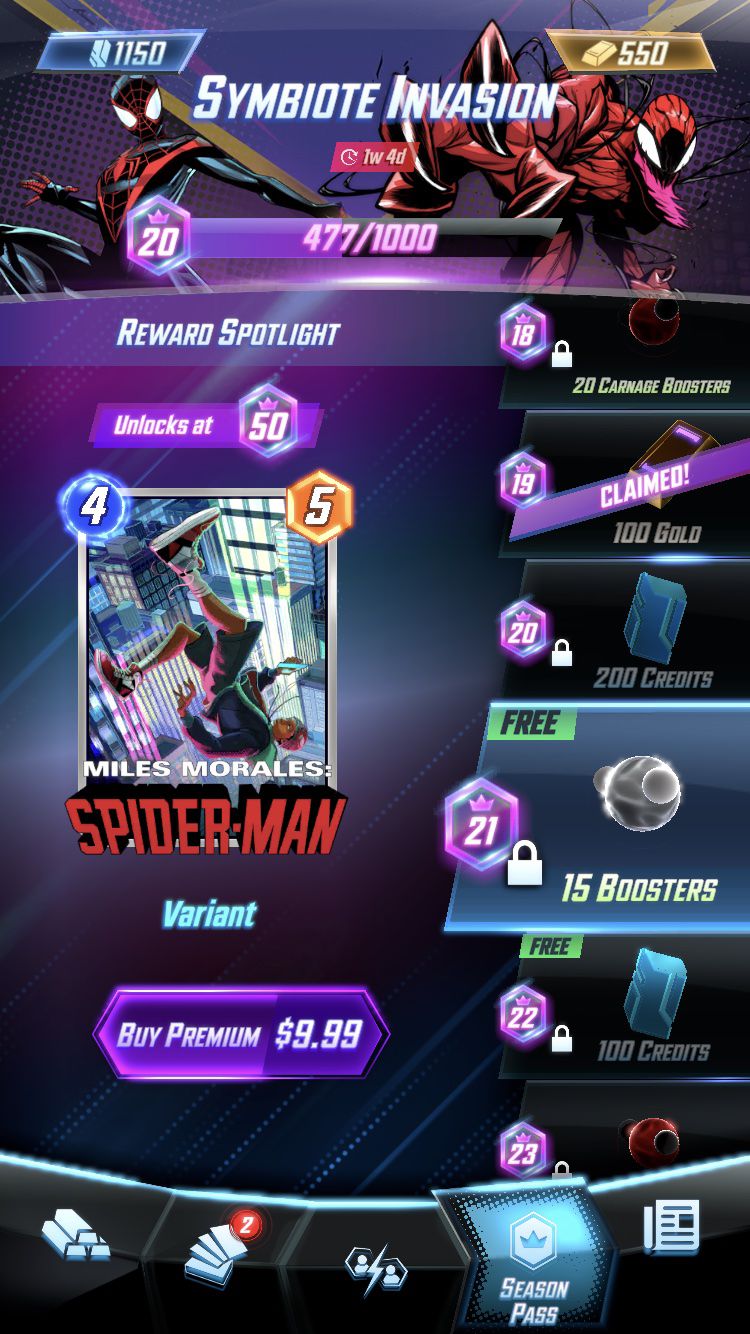 Il pass stagionale di Marvel Snap mostra una carta Spider-Man: Miles Morales accanto a buste, crediti e altri bonus.