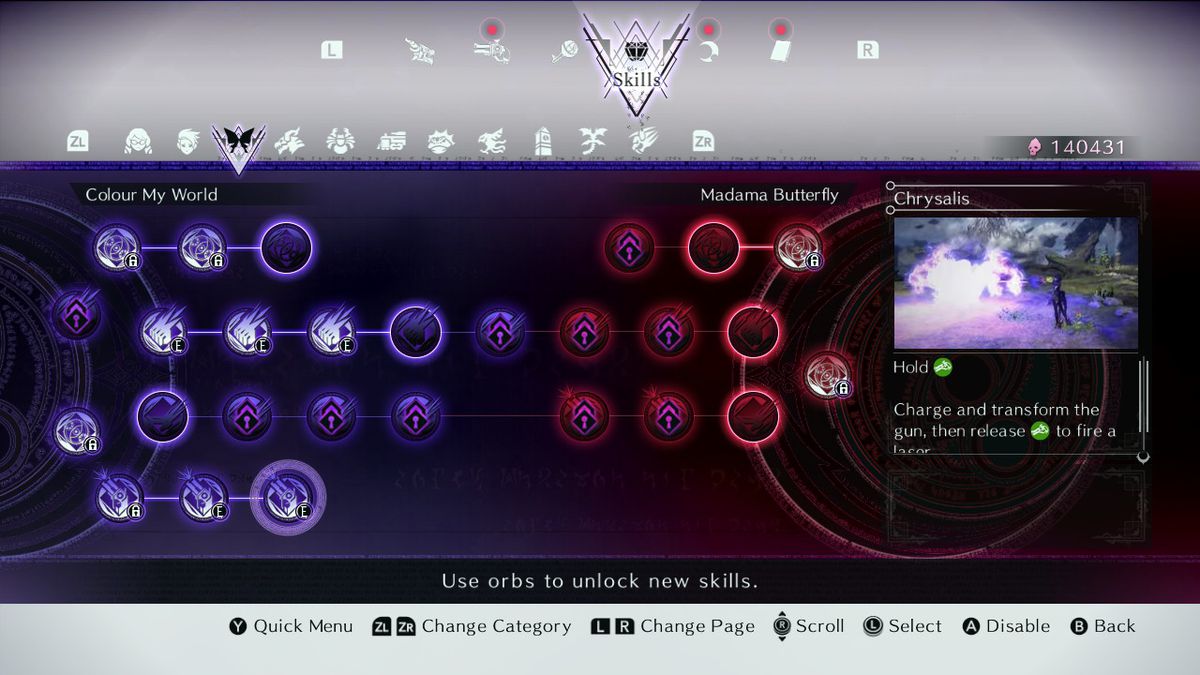 I menu di Bayonetta 3 mostrano le abilità di Madama Butterfly.