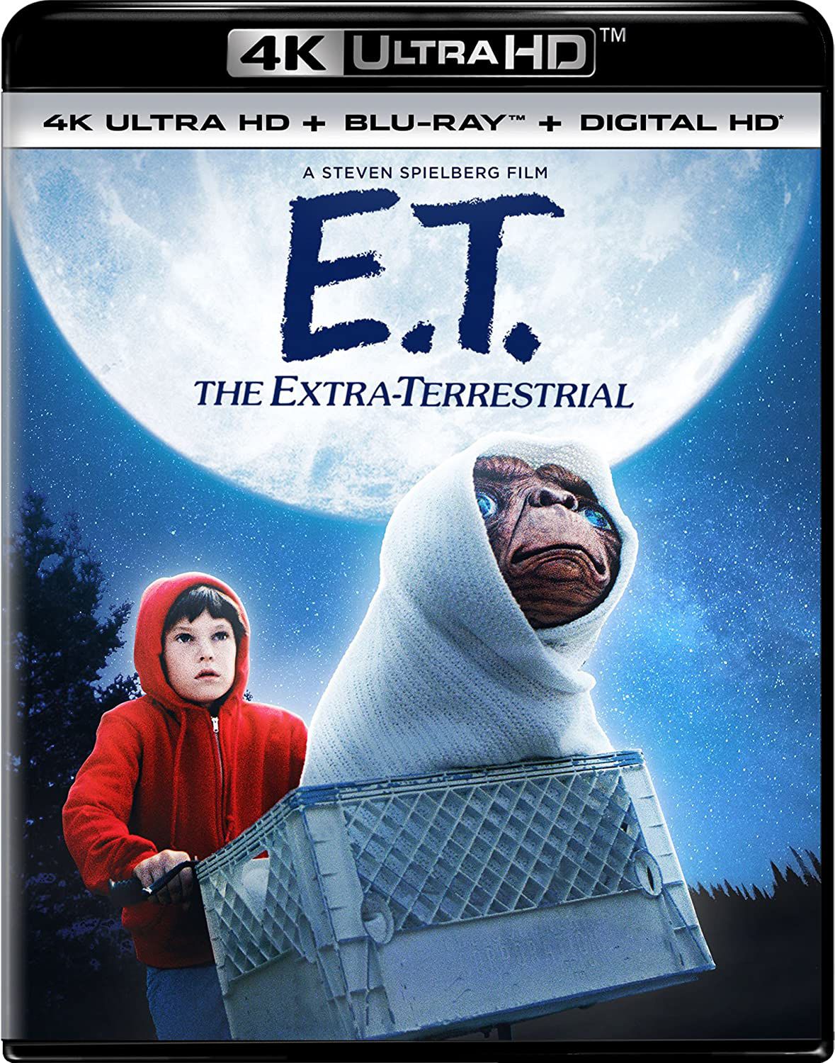 Il coperchio della scatola per 4k Ultra HD ET L'extraterrestre con Elliot che guida ET sulla sua bici davanti alla luna