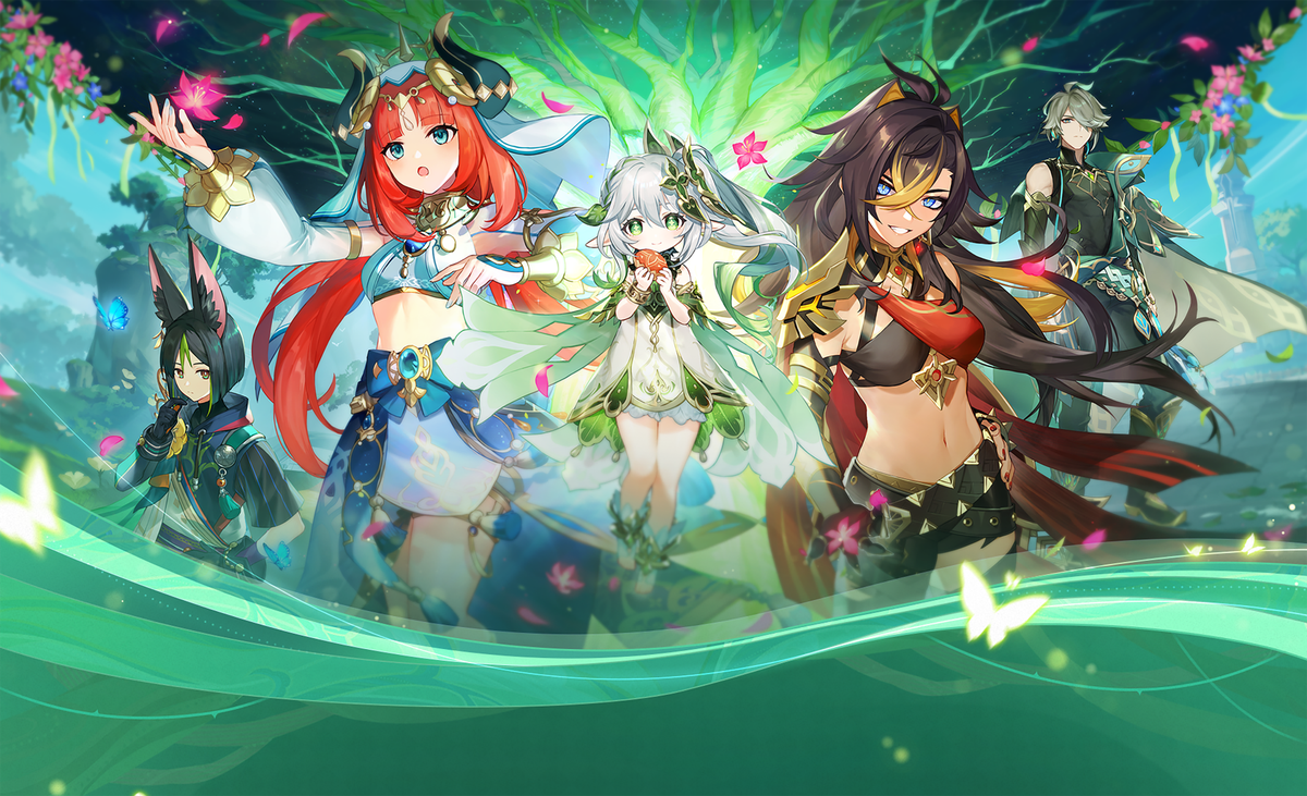 Grafica chiave di Genshin Impact 3.0, con Kusanali circondato da personaggi potenti come Dehya e Nilou