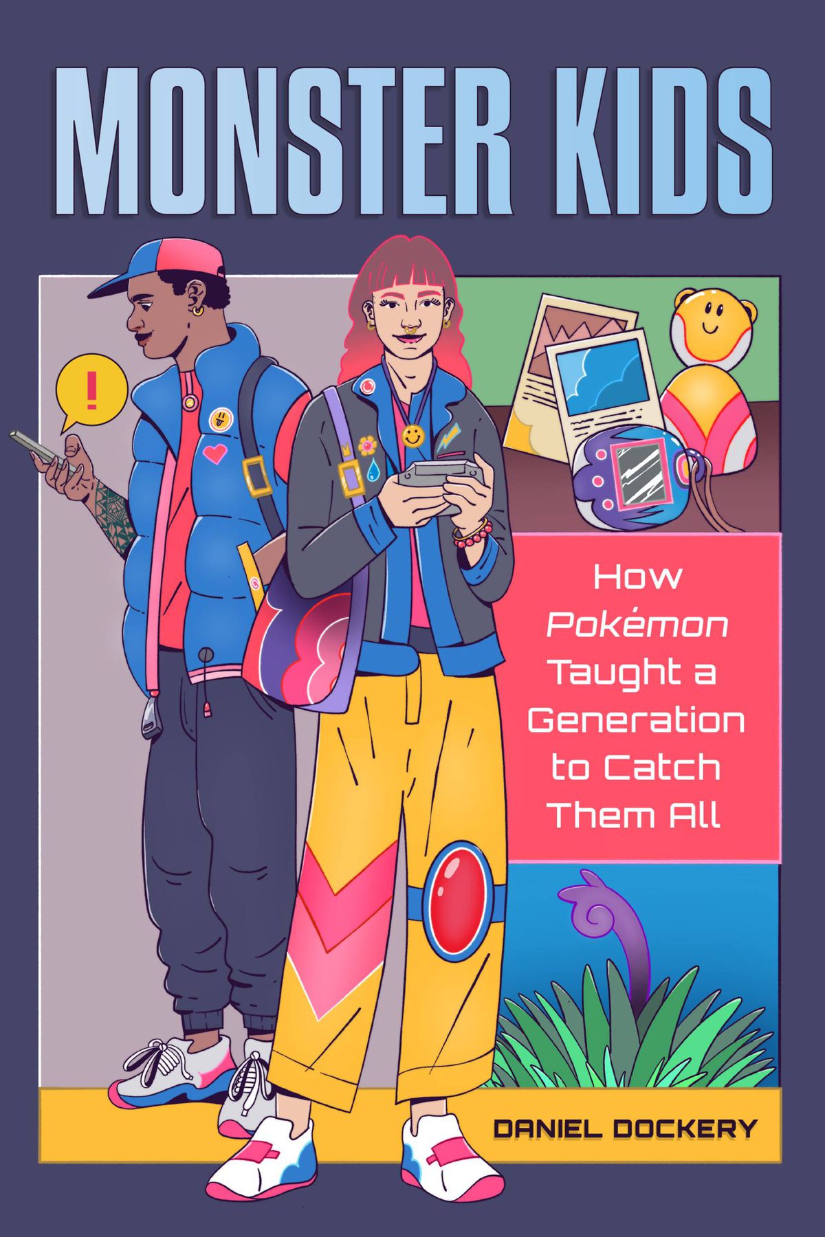 Una copertina per Monster Kids: come i Pokémon hanno insegnato a una generazione a catturarli tutti.  L'illustrazione di un giovane uomo e una donna stanno uno accanto all'altro, entrambi vestiti con abiti moderni e colorati.