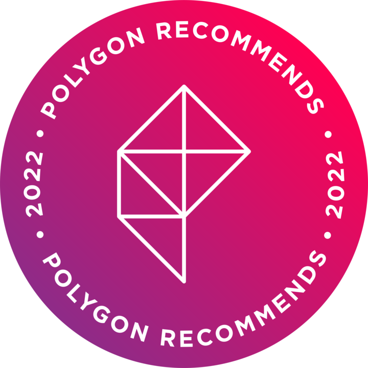 Polygon Raccomanda un badge con una tonalità rosa/viola.