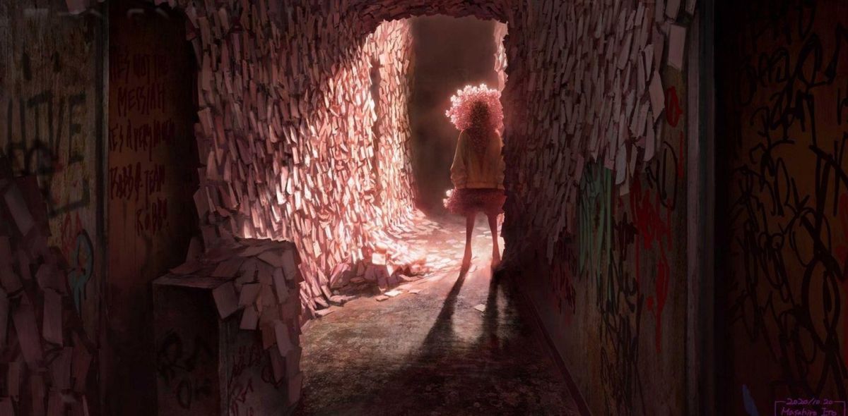 Artwork di un presunto gioco di Silent Hill, con un personaggio coperto di foglietti adesivi alla fine di un corridoio