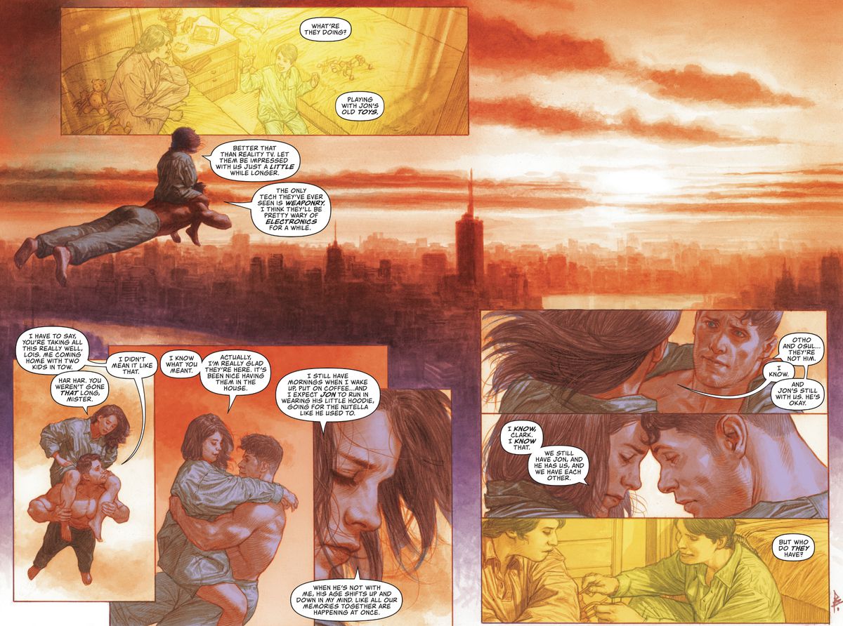 Lois Lane e Superman discutono dei cambiamenti nelle loro vite dopo il suo ritorno dallo spazio con due giovani bambini kryptoniani, mentre si librano sopra Metropolis durante un tramonto meravigliosamente reso in Action Comics # 1047 (2022). 