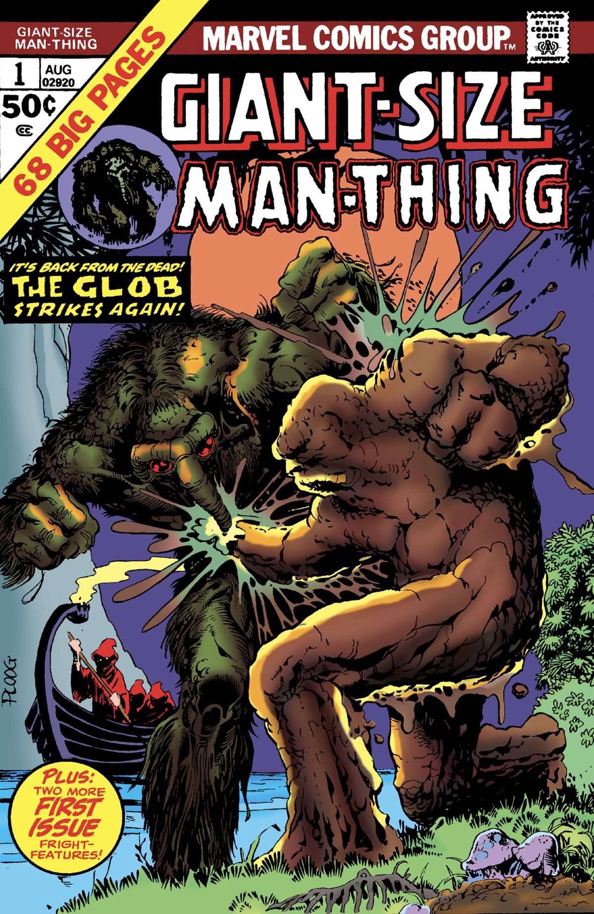 Man-Thing e Glob combattono in una palude sulla copertina del numero di 68 pagine, Giant-Size Man-Thing # 1 (1974).