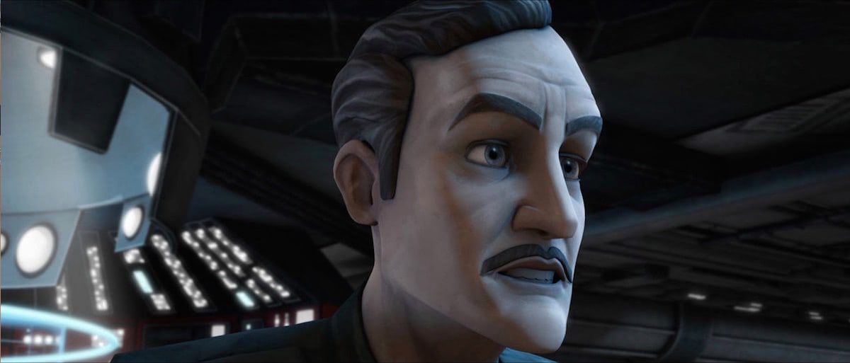 Un giovane Wullf Yularen con smorfie di baffi neri sul ponte di un'astronave imperiale in Star Wars: The Clone Wars