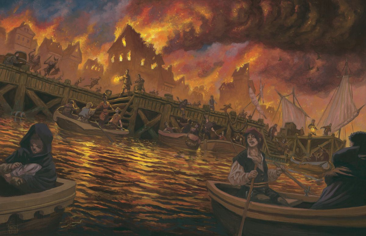Nell'artwork di Dragonlance: Shadow of the Dragon Queen, una città brucia sullo sfondo.  A metà strada i cittadini saltano dai moli sulla barca in attesa.  In primo piano un uomo guarda indietro, un'espressione di disgusto sul volto.  Una donna tiene in braccio un bambino fasciato.