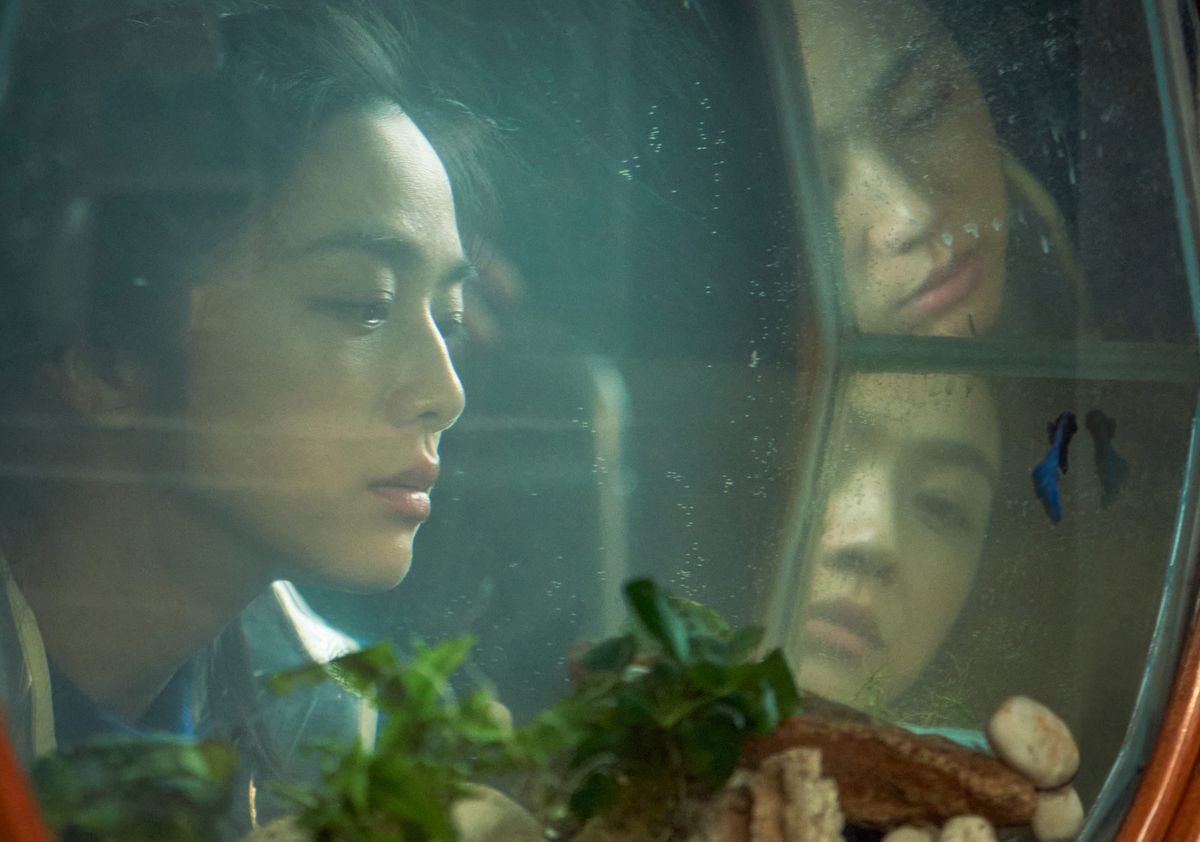 Seo-rae (Tang Wei) guarda attraverso un grande acquario di vetro con i lati sfaccettati che riflettono il suo viso in Decision To Leave