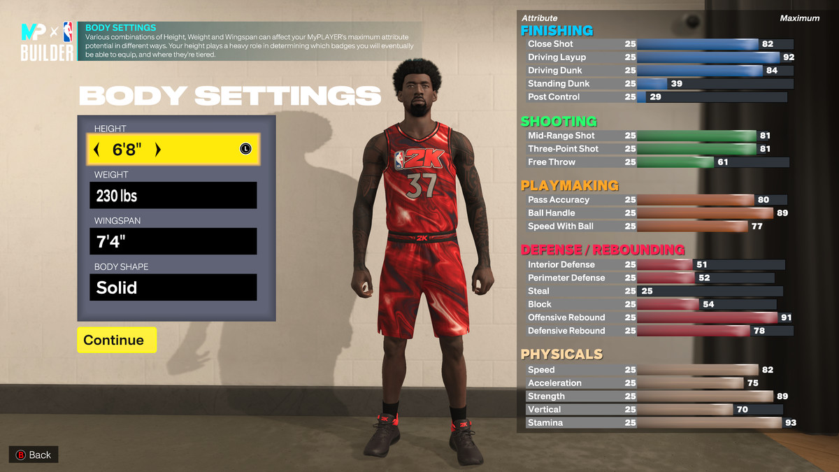 Costruisci lo schermo per un playmaker in NBA 2K23, mostrando le sue caratteristiche fisiche e gli attributi massimi di gioco.