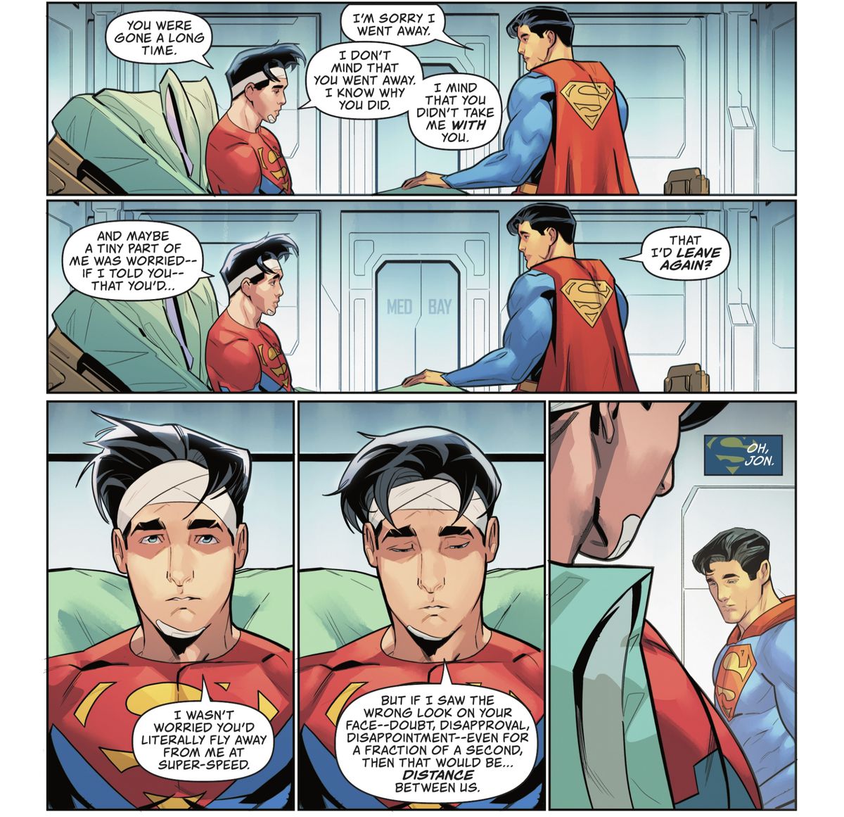 In un letto d'ospedale, con la testa fasciata, Jon/Superman dice a Clark/Superman che se n'è andato da molto tempo.  E una piccola parte di lui era preoccupata che se gli avesse detto che era strano e 