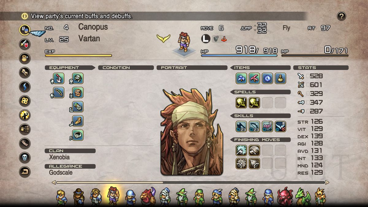 Una schermata del menu del gruppo di Tactics Ogre Reborn, con un ritratto del personaggio, attributi, abilità e elenchi di inventario