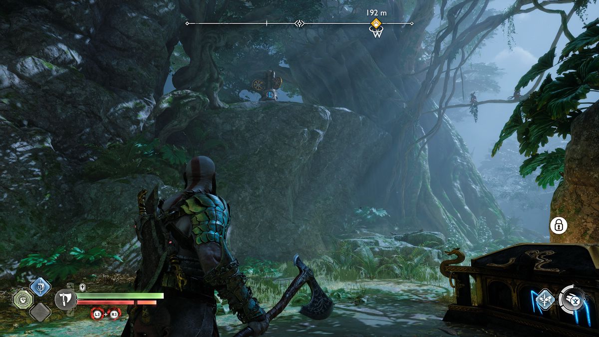 Kratos prende di mira un interruttore Nornir in God of War Ragnarok