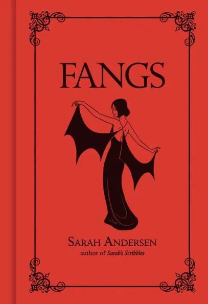 Immagine di copertina per Fangs di Sarah Andersen, con una giovane donna che indossa un abito nero e ali di pipistrello.  Il libro è di un rosso intenso.