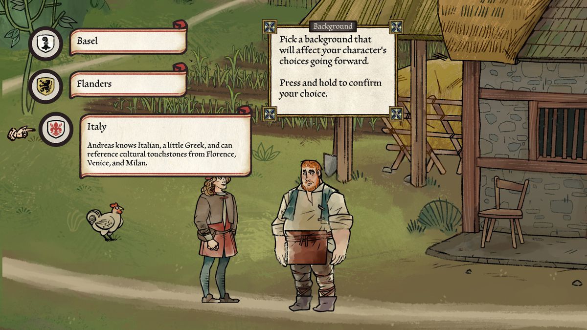 Pentiment offre ai giocatori la possibilità di scegliere il background di Andreas mentre parla con un contadino, con le pagine del manoscritto che aleggiano sulla scena