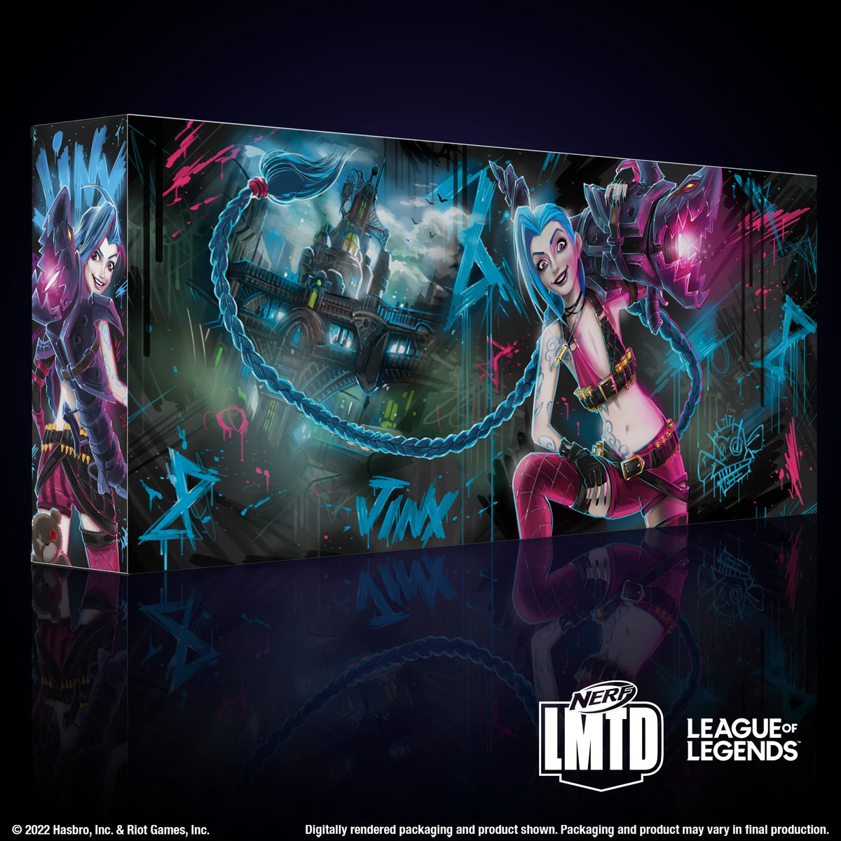 Il crossover League of Legends e Nerf LMTD per il blaster Fishbone di Jinx.  La box art mostra Jinx che sorride in modo maniacale alla telecamera mentre solleva Fishbones su una spalla.