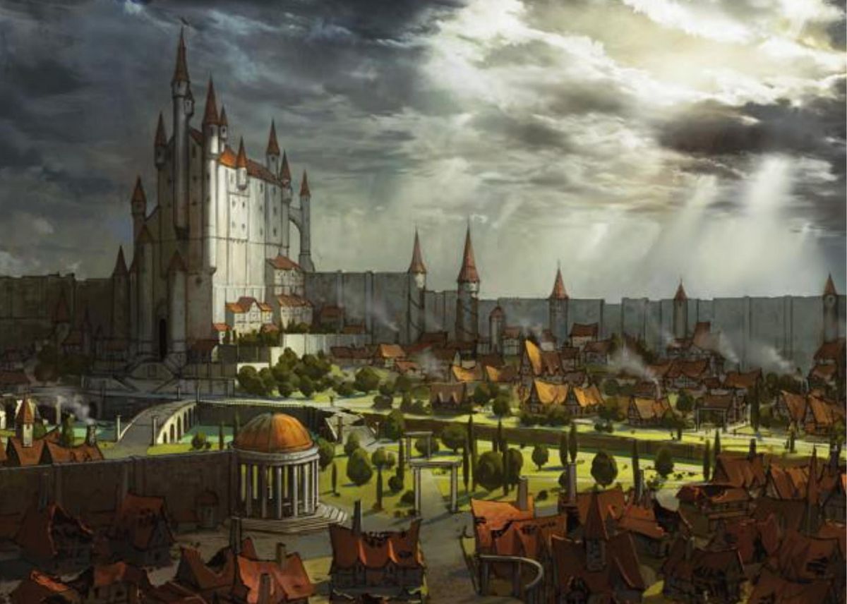 Un'illustrazione di Neverwinter — una città illuminata dal sole con un castello dalle alte torri sopra spazi verdi punteggiati da edifici sottostanti — dal Sourcebook sull'impostazione della campagna di Neverwinter per Dungeons & Dragons