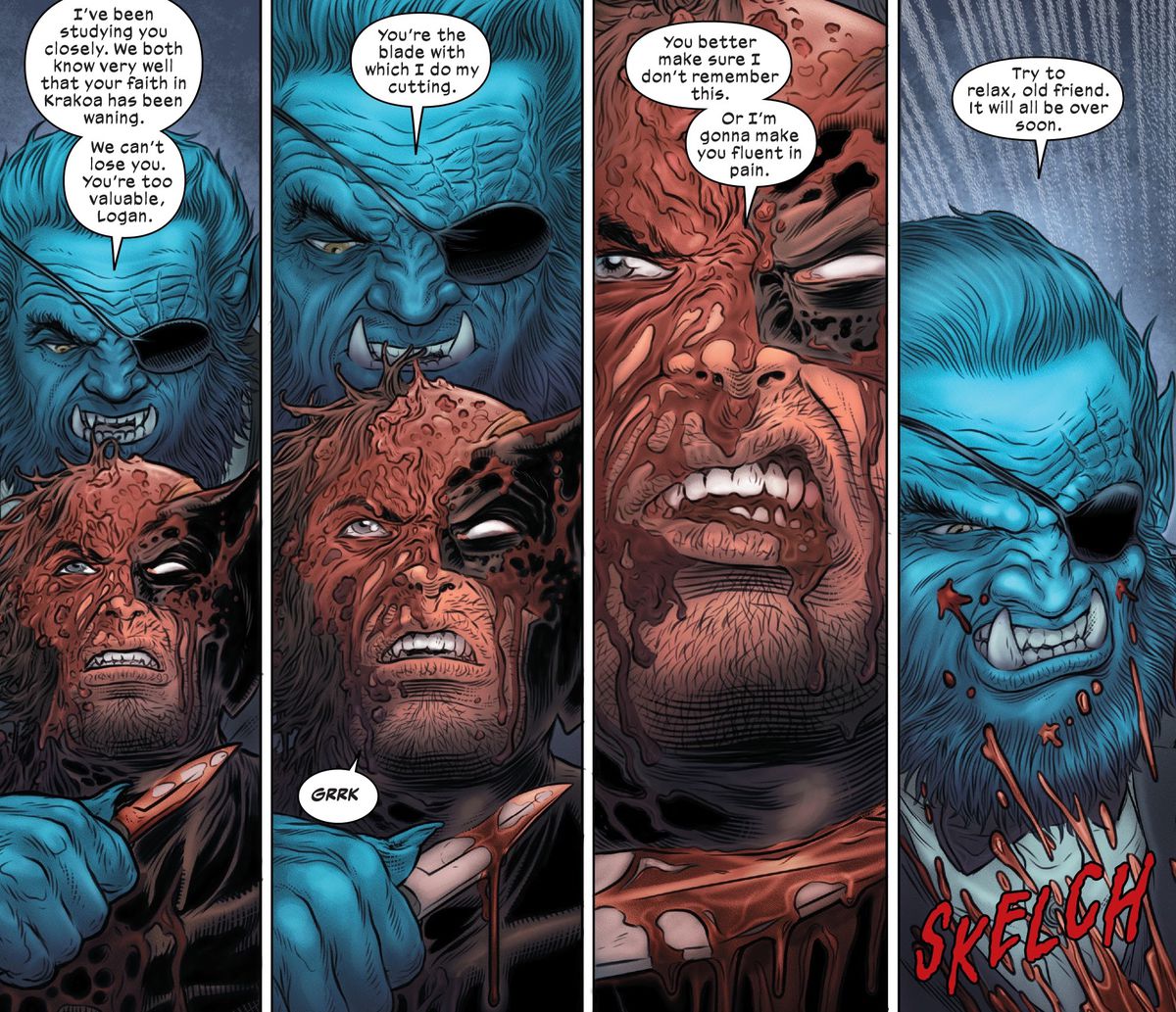 Beast e Wolverine si scambiano barbe prima che Beast tagli la gola a Wolverine in Wolverine # 27 (2022).
