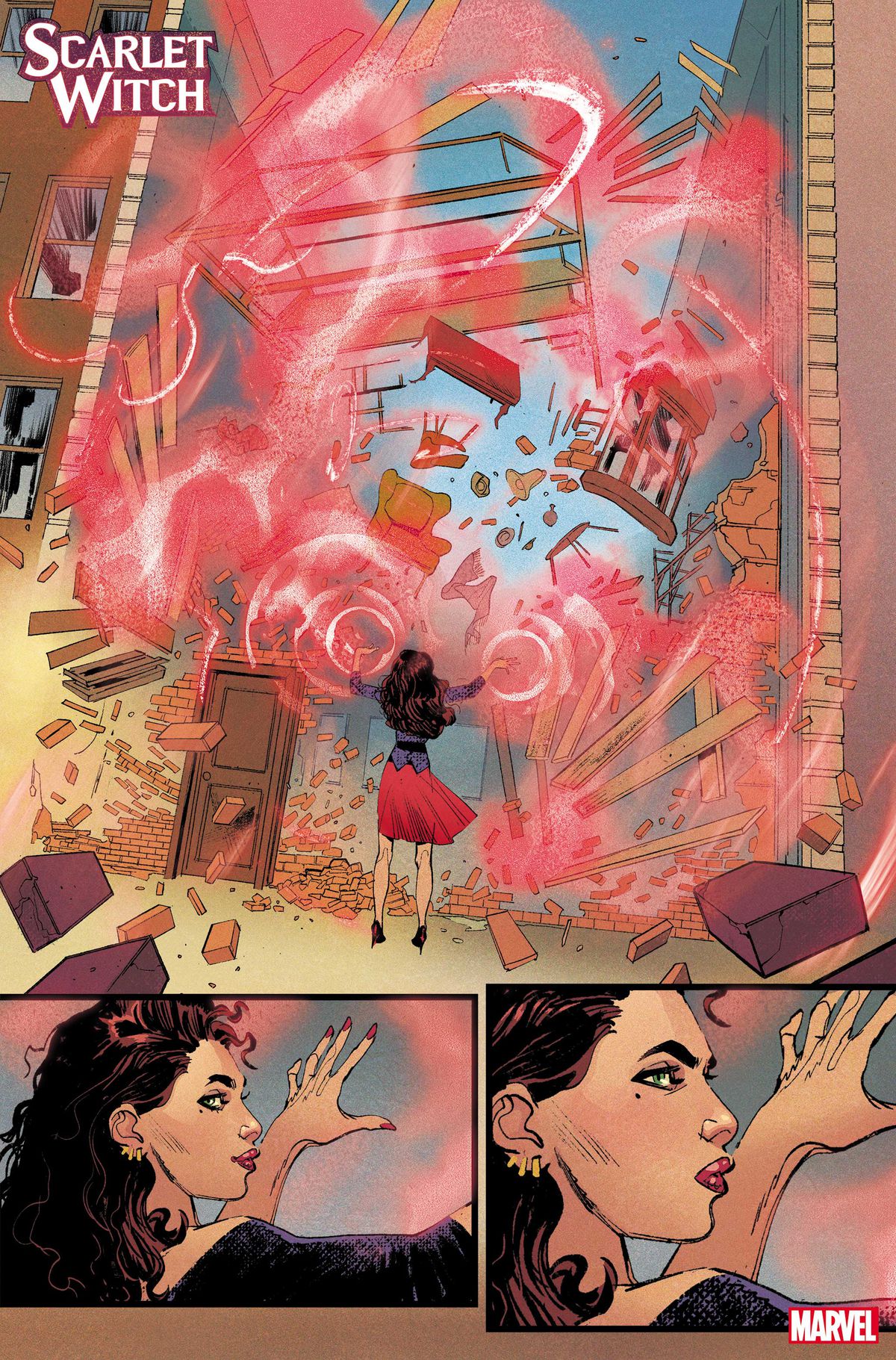 Scarlet Witch si guarda alle spalle mentre usa la magia per creare un negozio in Scarlet Witch # 2 (2023). 