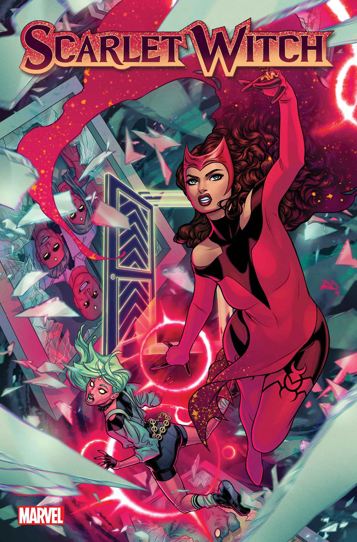 The Scarlet Witch e Viv Vision volano attraverso un violento collage di frammenti di specchio raffiguranti la famiglia Vision sulla copertina di Scarlet Witch # 2 (2023).