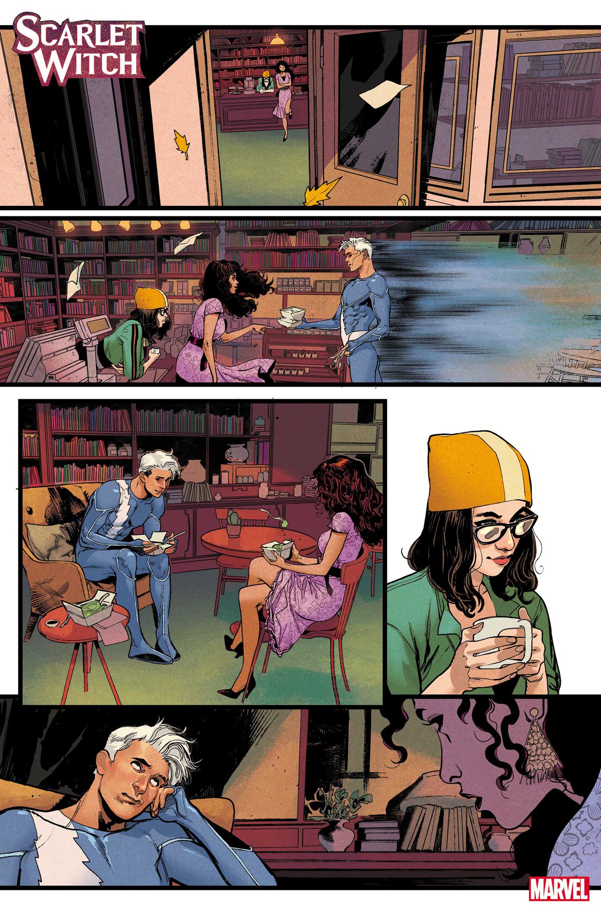 Quicksilver ottiene cibo da asporto e lui e Wanda chiacchierano mentre Darcy guarda in Scarlet Witch # 2 (2023). 