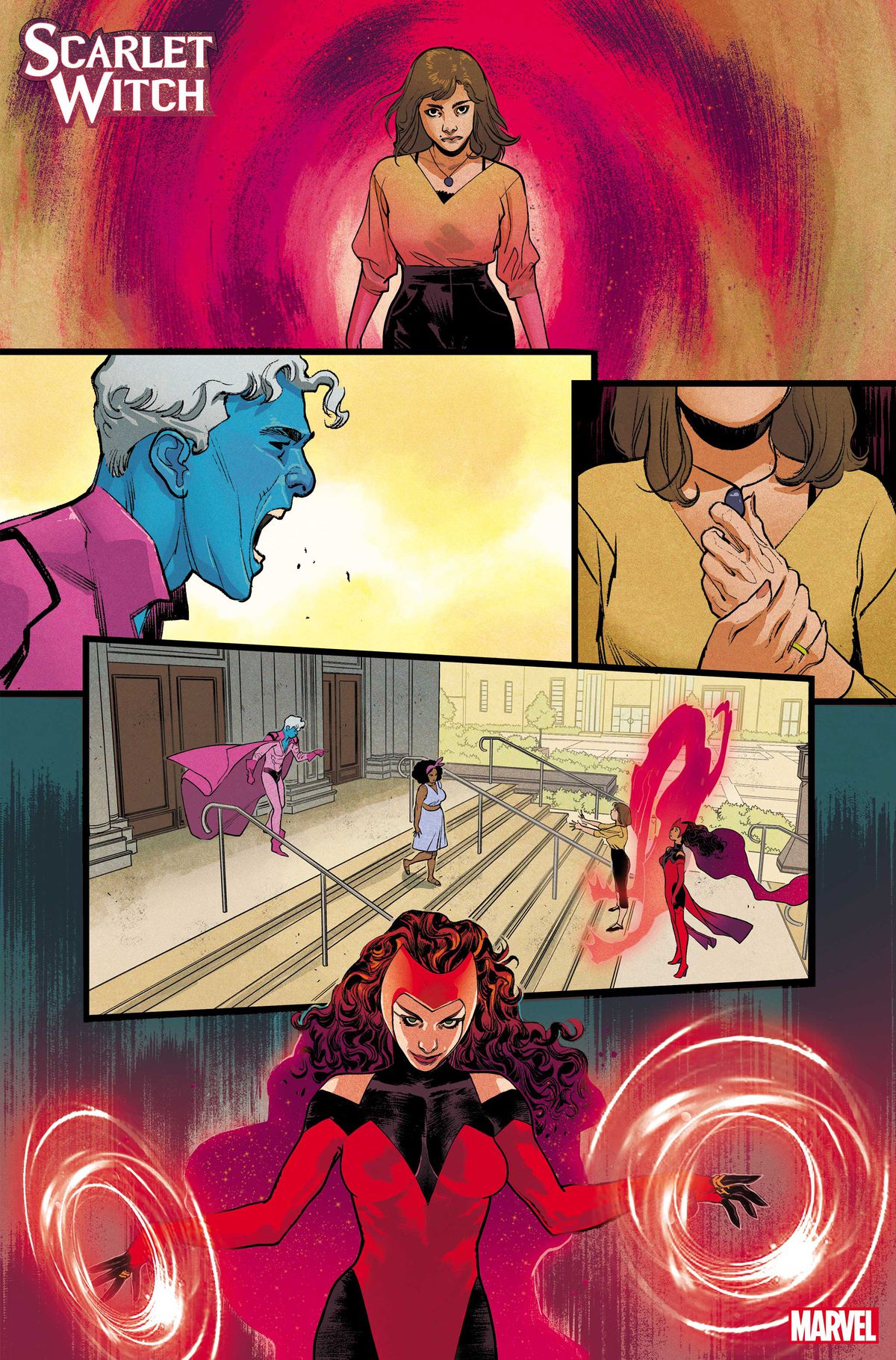 Succedono cose magiche tra Wanda e un uomo dalla pelle blu su alcuni gradini in Scarlet Witch # 2 (2023). 