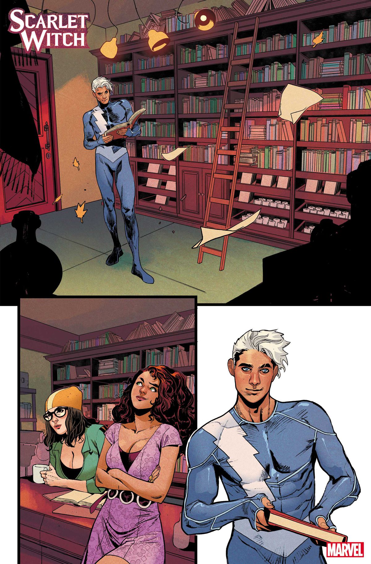 Quicksivler, Wanda e Darcy in una libreria in Scarlet Witch # 2 (2023). 