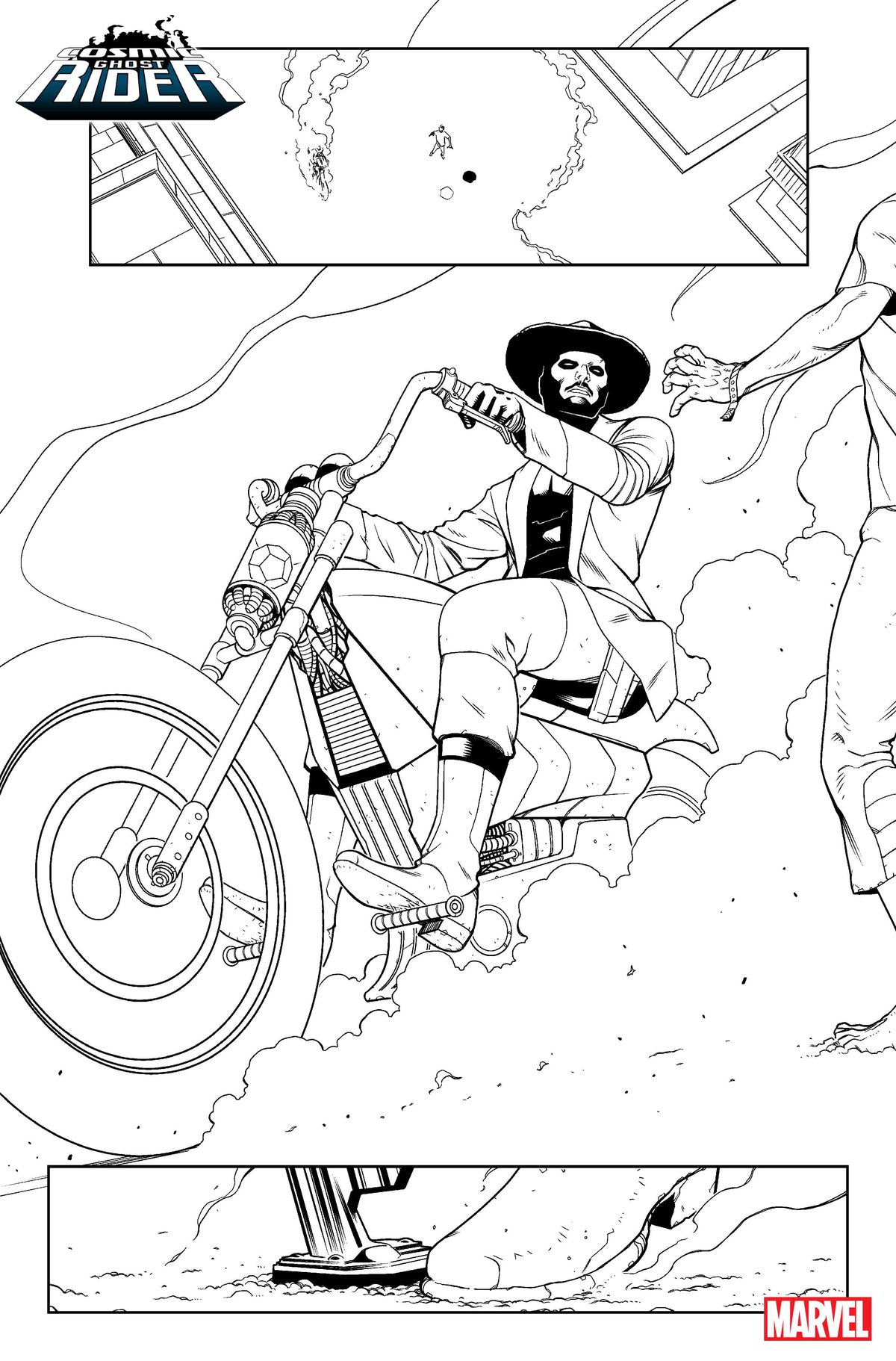 Un ragazzo che indossa un ampio cappello fa fermare minacciosamente una motocicletta nell'arte in bianco e nero di Cosmic Ghost Rider # 1 (2023).