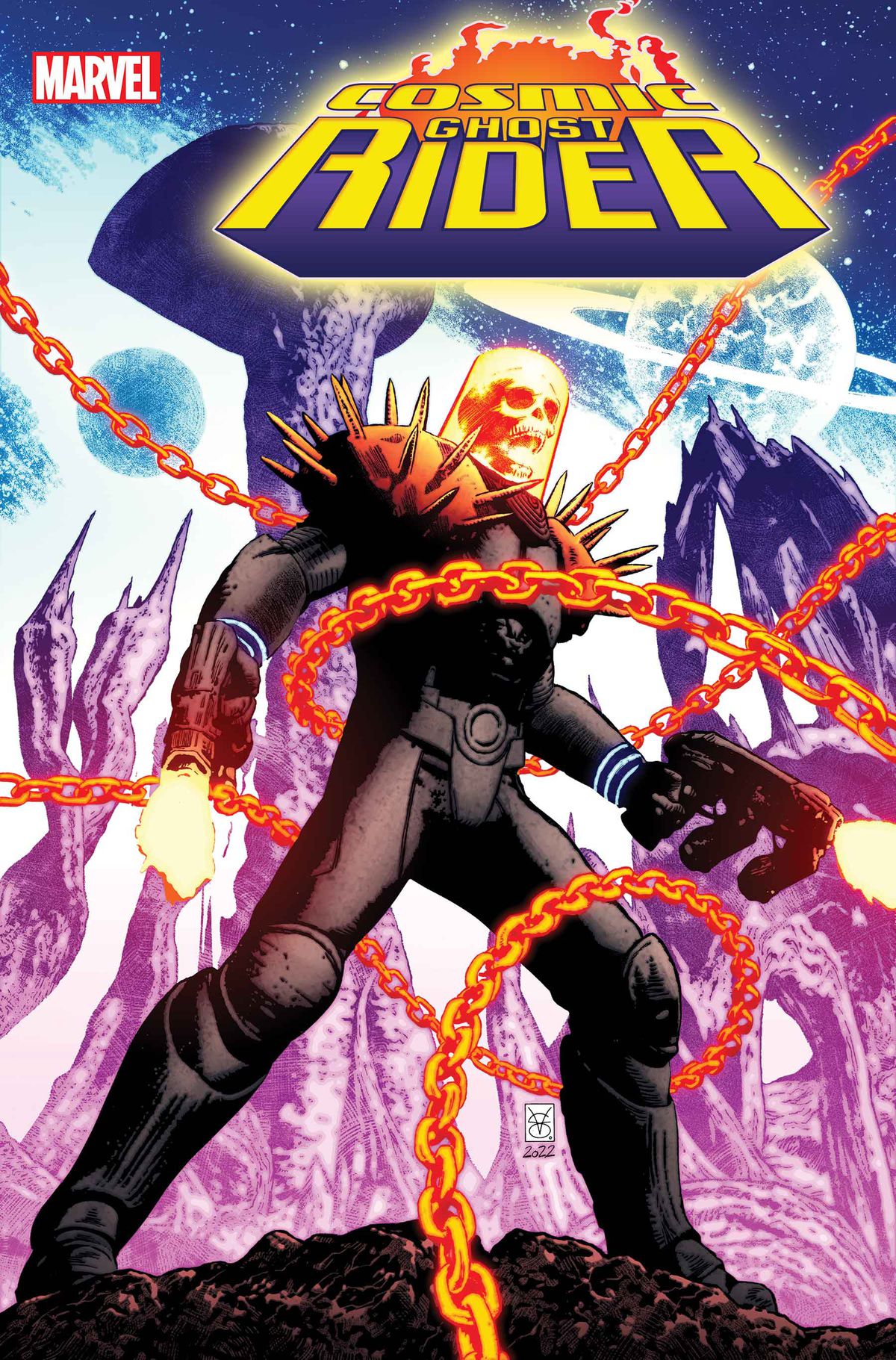 Il Cosmic Ghost Rider spara con le sue pistole mentre le catene lo avvolgono sulla copertina di Cosmic Ghost Rider # 1 (2023).