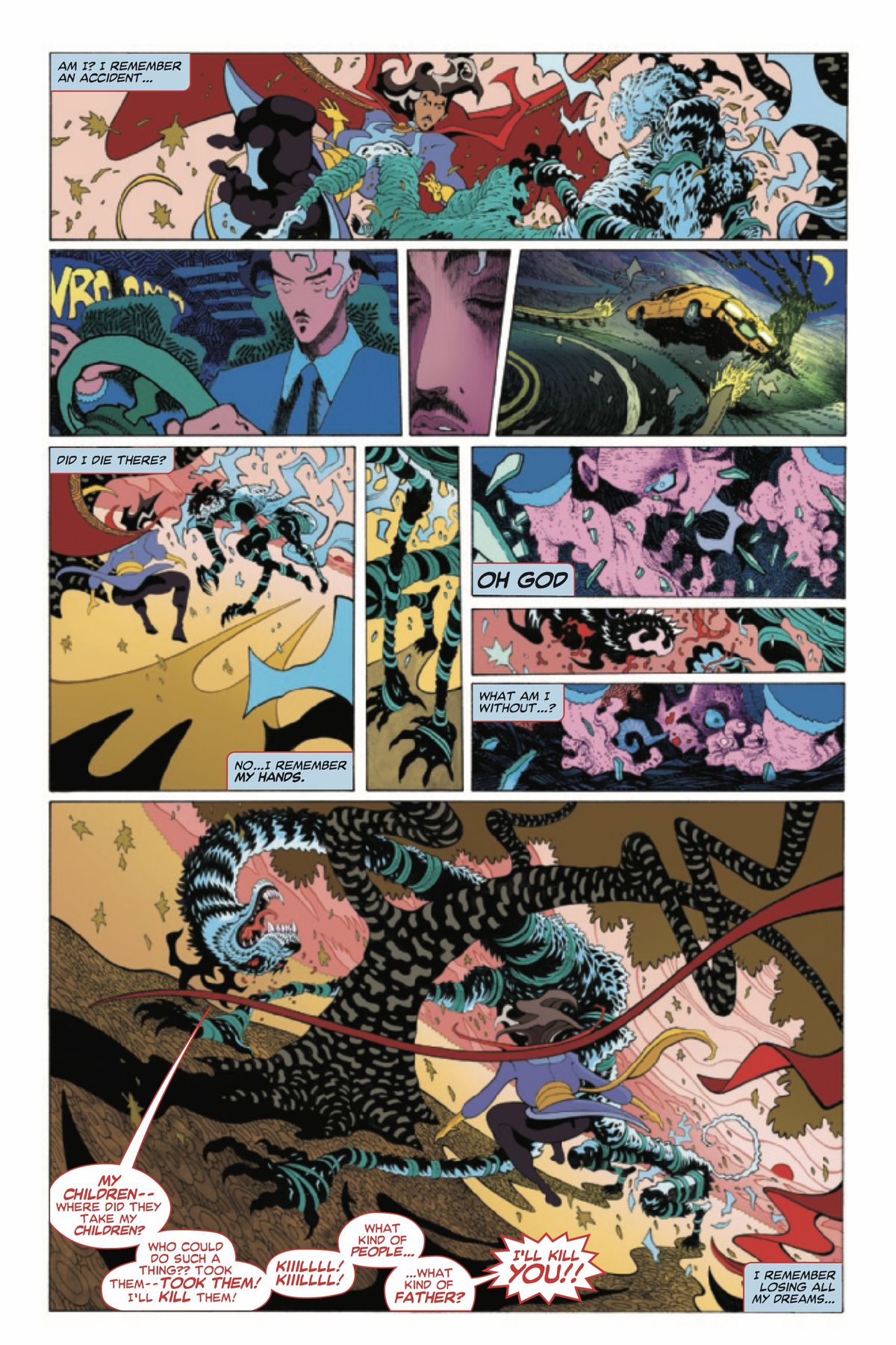 Una pagina di Doctor Strange # 1 (Marvel Comics, 2022) in cui scene oniriche della storia delle origini di Doctor Strange sono intervallate da una scena nel presente in cui Doctor Strange combatte una tigre fantasma.