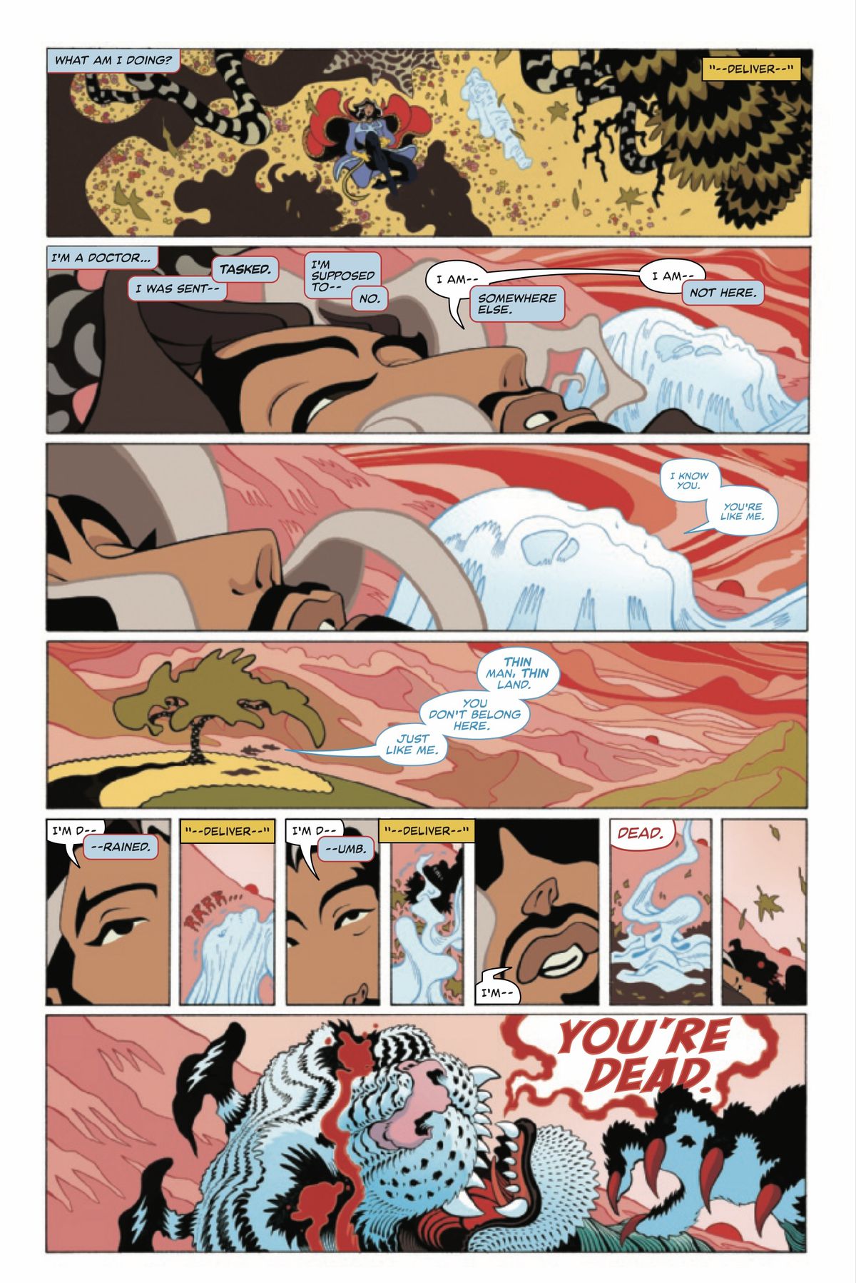 Una pagina di Doctor Strange # 1 (Marvel Comics, 2022) in cui Doctor Strange si sveglia dal sonno e una tigre spettrale appare accanto a schernirlo.