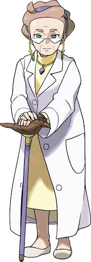La professoressa Magnolia indossa un tubino giallo e un camice da laboratorio completamente abbottonato.  Tiene con entrambe le mani un bastone con il manico a forma di testa di uccello.