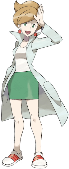 Professor Juniper, una donna che indossa un top bianco e una gonna verde e un ampio camice medico.  Sta salutando.