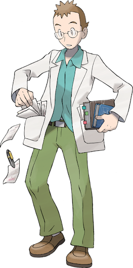 Il professor Elm, che indossa pantaloni verdi e una camicia abbottonata verde acqua.  Ha delle carte che gli cadono dalla tasca.