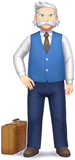 Il professor Rowan, un uomo in pantaloni, gilet blu, è in piedi.  Ha in mano una valigetta.  Le sue costolette di montone stanno impazzendo.