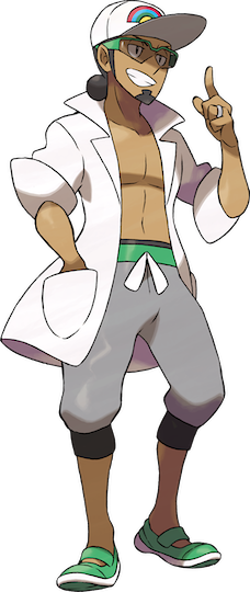 Il professor Kukui, che è a torso nudo e indossa una tuta corta.  Tiene una mano alzata e punta un dito.