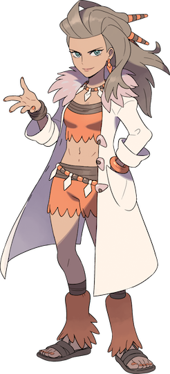 Illustrazione del Professor Sada per Pokémon Scarlet.  Indossa una camicia e un top dall'aspetto dei Flinstones e un lungo cappotto.