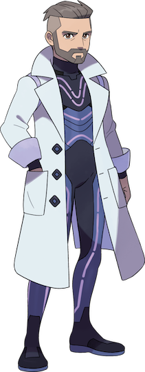 Illustrazione del Professor Turo per Pokémon Viola.  Indossa un completo dall'aspetto futuristico in nero e viola scuro.