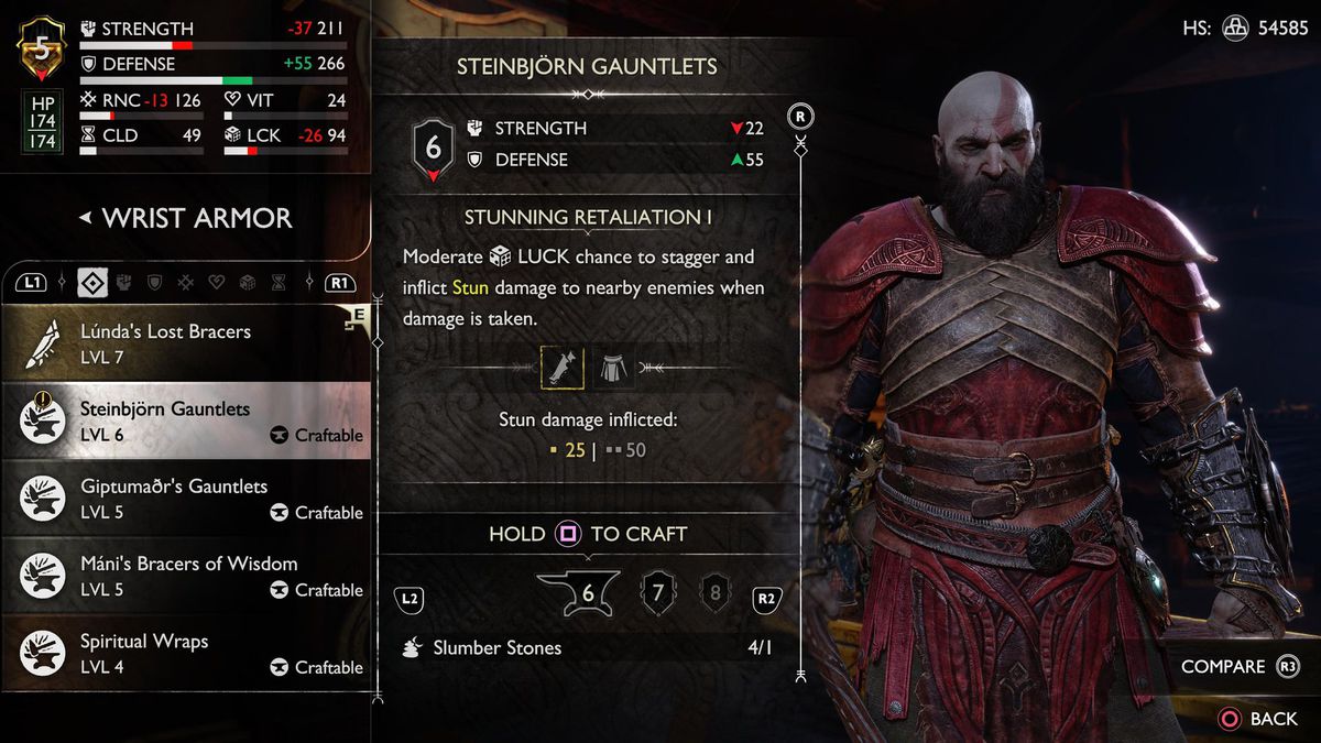 Kratos indossa i guanti Steinbjorn mentre si trova nel menu dell'armatura per God of War Ragnarok.