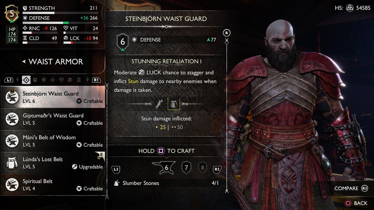 Kratos indossa il girovita Steinbjorn mentre si trova nel menu dell'armatura di God of War Ragnarok.