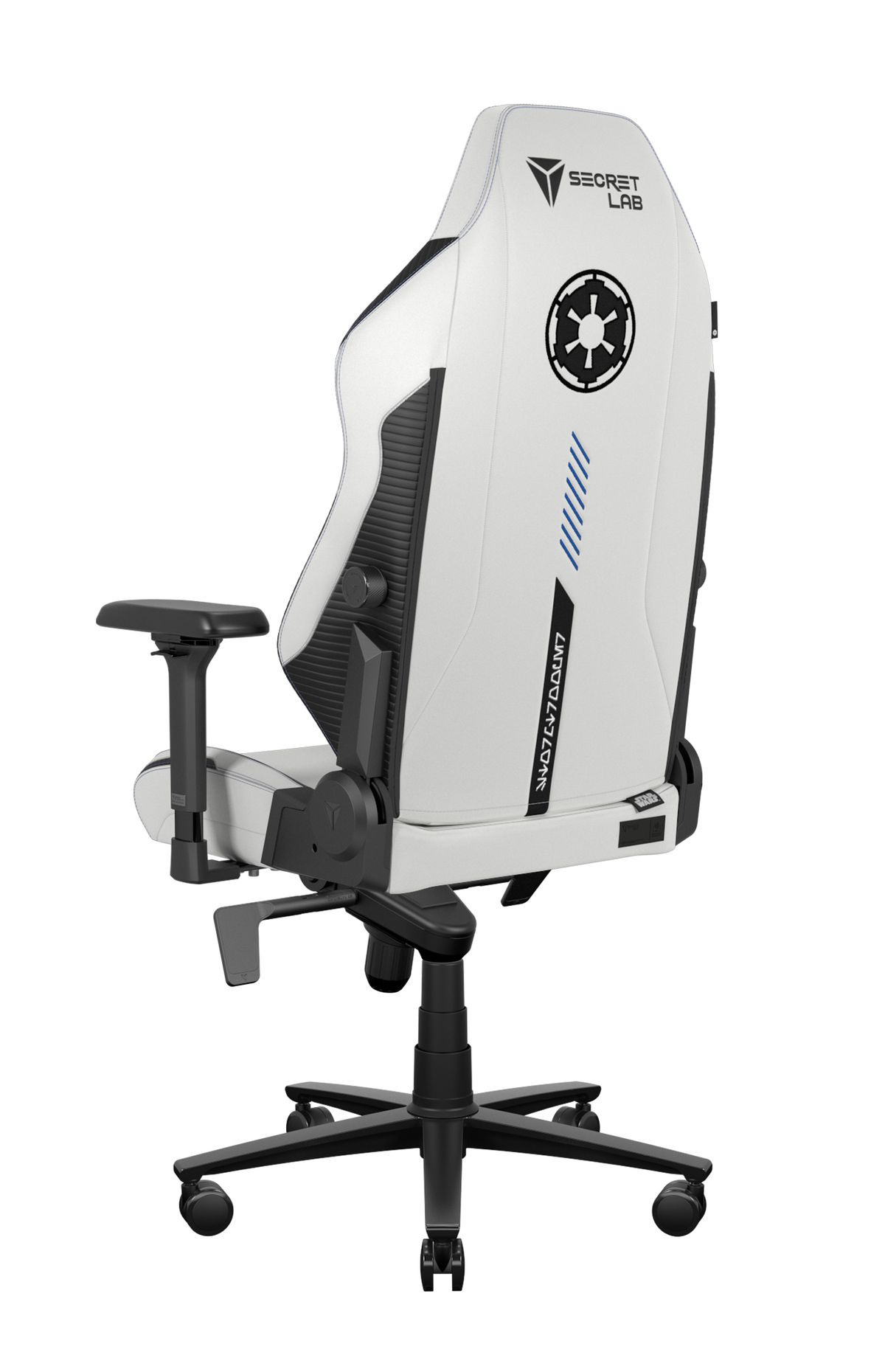 Immagine di una sedia da gioco Star Wars bianca e nera.