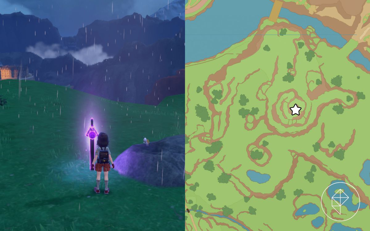 Un palo luminoso viola sotto la pioggia con un Gimmighoul vicino su una roccia