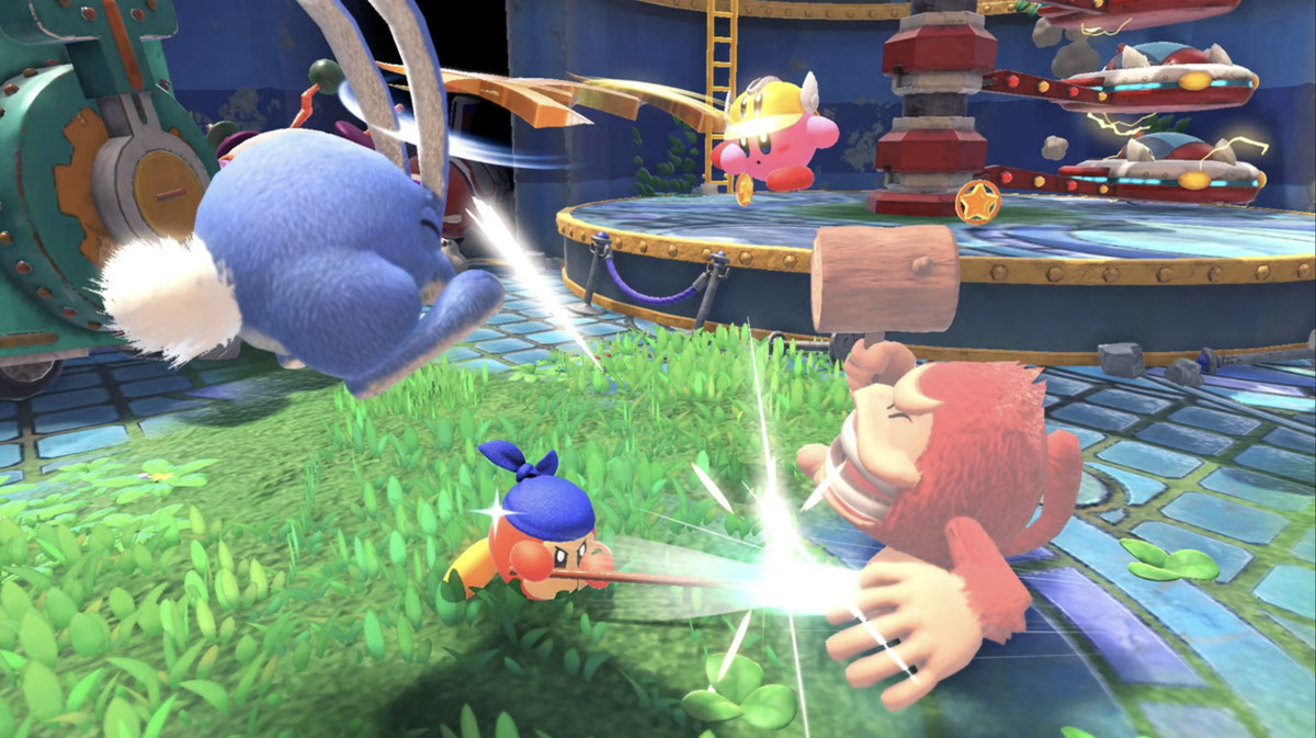 Kirby e Waddledee stanno combattendo una grossa creatura pelosa con un enorme martello.