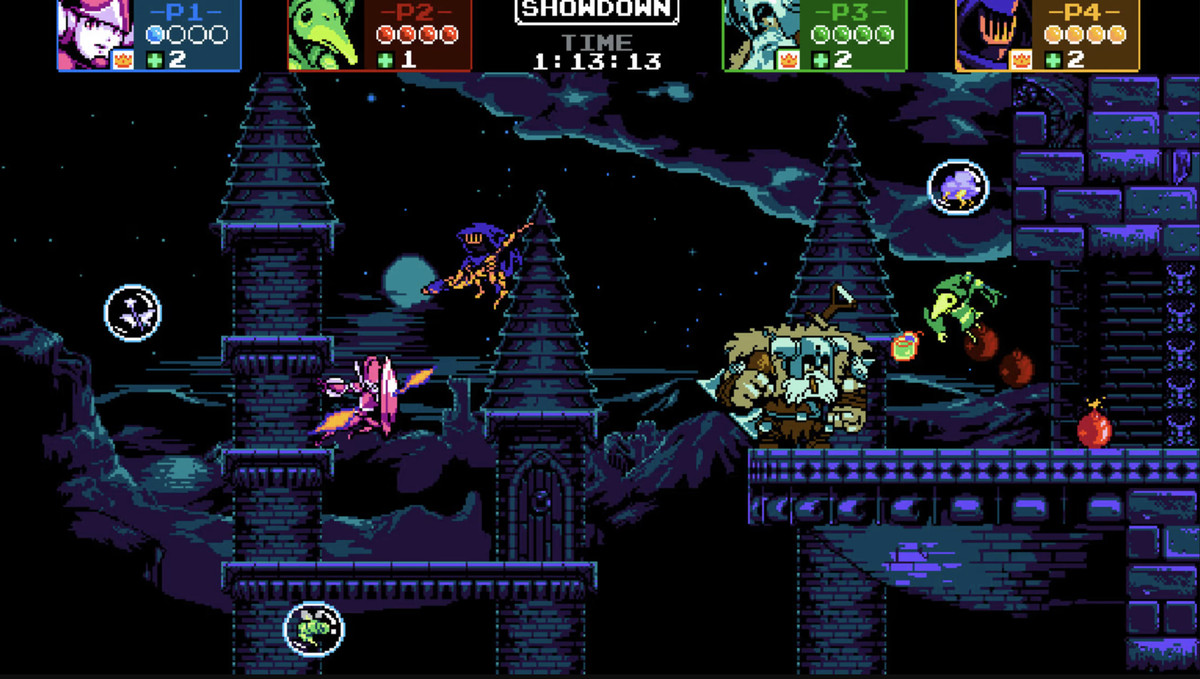 Uno screenshot di Shovel Knight: Treasure Trove in cui quattro sprite sono sullo schermo.