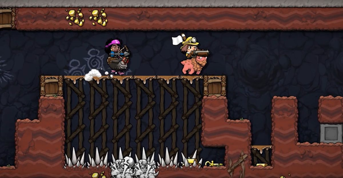 In Spelunky 2 due giocatori cavalcano destrieri attraverso piattaforme sopra un'area coperta di punte.