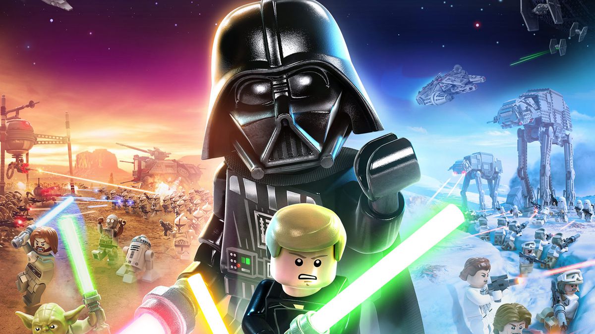 copertina che mostra il rendering in stile Lego di vari poster di film di Star Wars, con un grande Lego Darth Vader e Luke Skywalker al centro