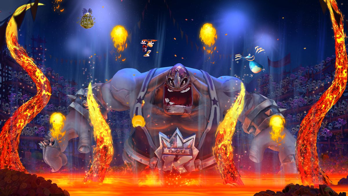 I personaggi di Rayman Legends affrontano Fiesta Boss, che sembra un grande luchador. 