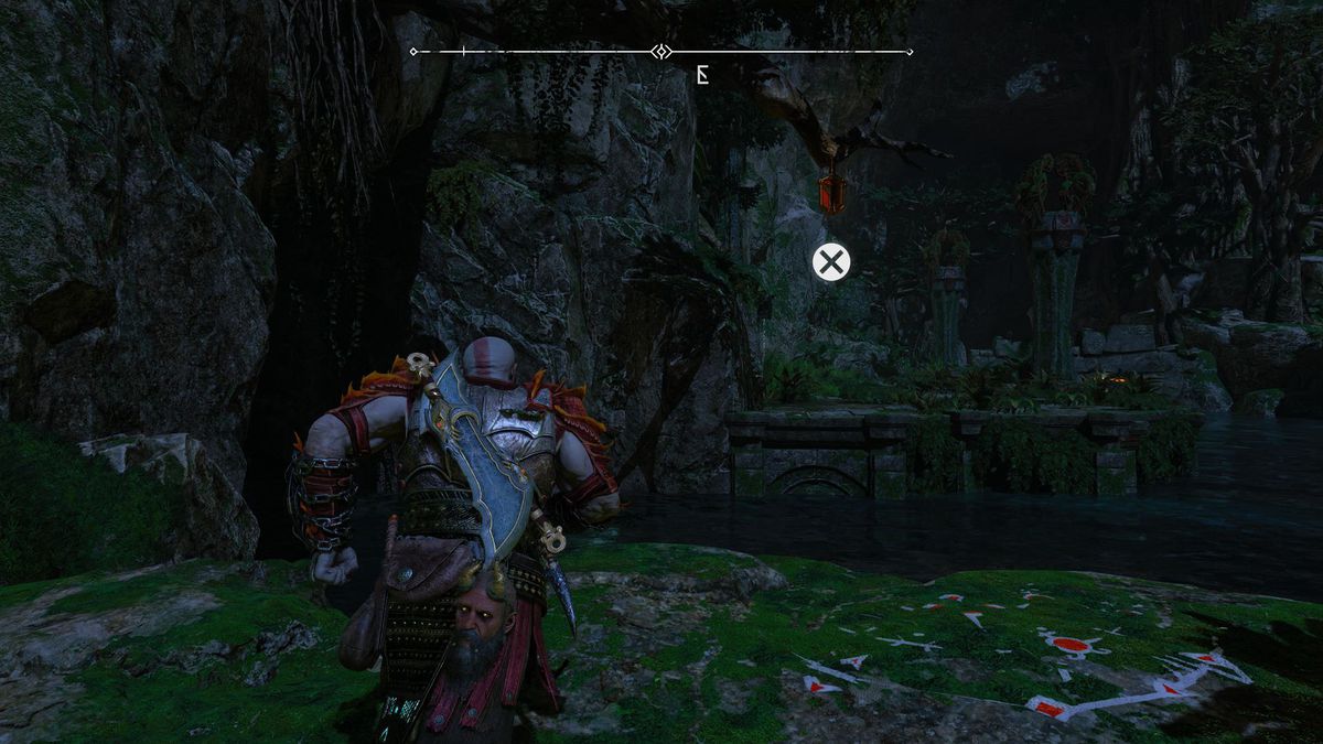 Kratos corre verso un fiume a Vanaheim in God of War Ragnarok.