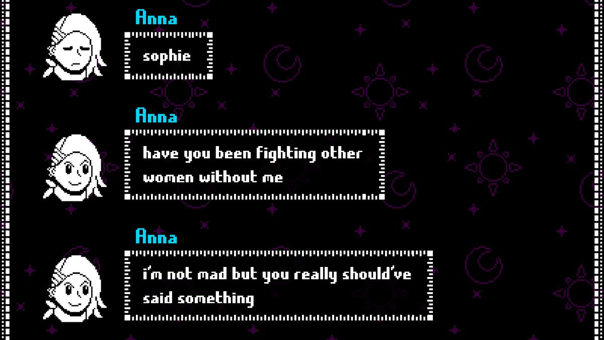 Una schermata di dialogo di BOSSGAME durante la quale il personaggio Anna dice: 